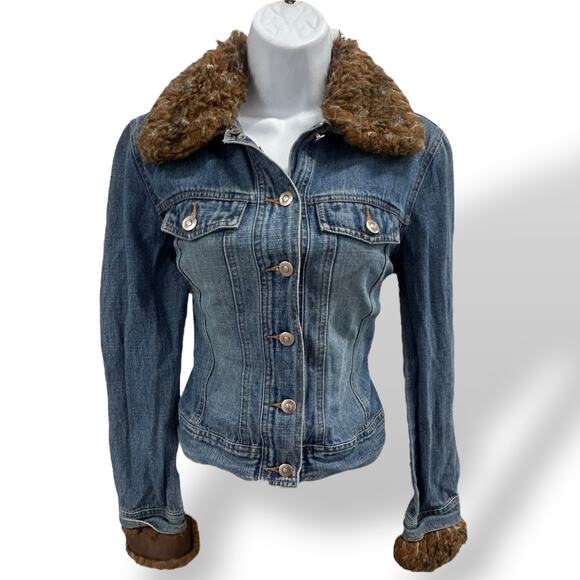 Y2K Ladies Denim Jacket w Removable Faux Fur Trim-Made in Hong Kong-Size S - Picture 1 of 7